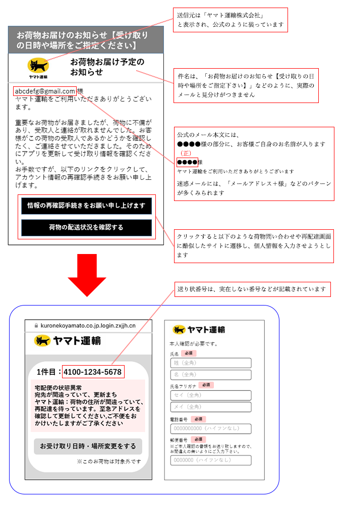 ヤマト運輸の名前を装った迷惑メール・電話が多発しています