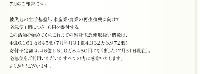 7月のご報告です。

被災地の生活基盤と、水産業・農業の再生復興に向けて
宅急便1個につき10円を寄付する。
この活動を始めてからこれまでの累計宅急便取扱い個数は、
4億6,161万845個（7月単月は1億4,332万6,972個）、
寄付予定額は、46億1,610万8,450円になりました（7月31日現在）。
宅急便をご利用いただいたすべての方に感謝いたします。
ありがとうございます。