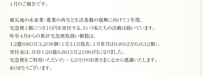 1月のご報告です。

被災地の水産業・農業の再生と生活基盤の復興に向けて1年間、
宅急便1個につき10円を寄付する、という私たちの活動は続いています。
昨年4月からの累計宅急便取扱い個数は、
12億680万3,208個（1月31日現在。1月単月は9,892万6,632個）。
寄付金は、合計120億6,803万2,080円になりました。
宅急便をご利用いただいた一人ひとりのお客さまに心から感謝いたします。
ありがとうございます。