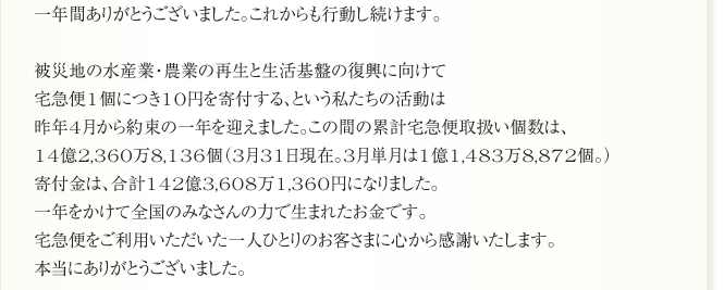 一年間ありがとうございました。これからも行動し続けます。

被災地の水産業・農業の再生と生活基盤の復興に向けて
宅急便1個につき10円を寄付する、という私たちの活動は
昨年4月から約束の一年を迎えました。この間の累計宅急便取扱い個数は、
14億2,360万8,136個（3月31日現在。3月単月は1億1,483万8,872個。）
寄付金は、合計142億3,608万1,360円になりました。
一年をかけて全国のみなさんの力で生まれたお金です。
宅急便をご利用いただいた一人ひとりのお客さまに心から感謝いたします。
本当にありがとうございました。