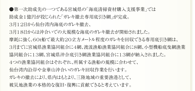 ●第一次助成先の一つである宮城県の「海底清掃資材購入支援事業」では
助成金1億円が投じられた「ガレキ撤去専用底引き網」が完成。
3月12日から仙台湾内海底のガレキ撤去、
3月18日からは沖合いでの大規模な海底のガレキ撤去が開始されました。
摩耗に強く、60t船で最大約20立方メートル程度のガレキを回収できる専用底引き網は、
3月までに宮城県漁業協同組合に4網、渡波漁船漁業協同組合に8網、小型機船底曳網漁業
協同組合に13網、宮城県沖合底引き網漁業協同組合に13網が納入されました。
4つの漁業協同組合はそれぞれ、所属する漁船の規模に合わせて、
仙台湾内沿岸や金華山沖合いのガレキ回収作業を行います。
ガレキの撤去により、県内はもとより、三陸地域の重要漁港として、
被災地漁業の本格的な復旧・復興に貢献できると考えています。