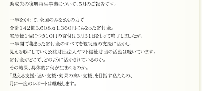 助成先の復興再生事業について、5月のご報告です。
      一年をかけて、全国のみなさんの力で
合計142億3,608万1,360円にもなった寄付金。
宅急便1個につき10円の寄付は3月31日をもって終了しましたが、
一年間で集まった寄付金のすべてを被災地の支援に活かし、
見える形にしていく公益財団法人ヤマト福祉財団の活動は続いています。
寄付金がどこで、どのように活かされているのか。
その結果、具体的に何が生まれるのか。
「見える支援・速い支援・効果の高い支援」を目指す私たちの、
月に一度のレポートは継続します。