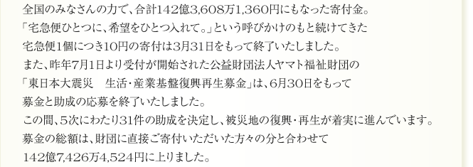 
全国のみなさんの力で、合計142億3,608万1,360円にもなった寄付金。
「宅急便ひとつに、希望をひとつ入れて。」という呼びかけのもと続けてきた
宅急便1個につき10円の寄付は3月31日をもって終了いたしました。
また、昨年7月1日より受付が開始された公益財団法人ヤマト福祉財団の
「東日本大震災　生活・産業基盤復興再生募金」は、6月30日をもって
募金と助成の応募を終了いたしました。
この間、5次にわたり31件の助成を決定し、被災地の復興・再生が着実に進んでいます。
募金の総額は、財団に直接ご寄付いただいた方々の分と合わせて
142億7,426万4,524円に上りました。